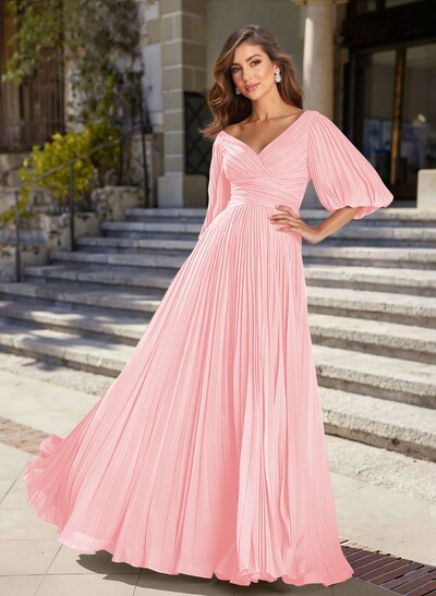 A-Line V-Neck 1/2 Sleeves Chiffon Mother Of The Bride Dresses With Pleated