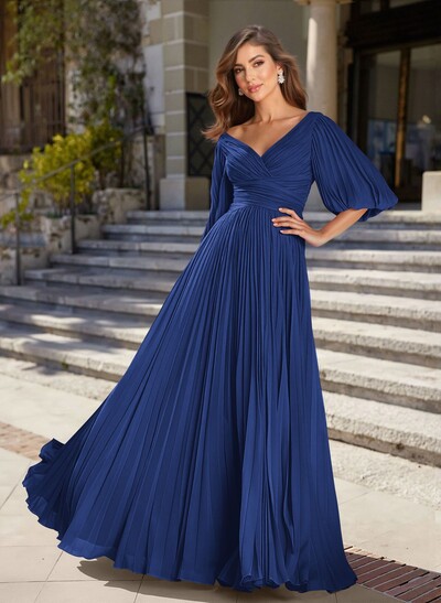 A-Line V-Neck 1/2 Sleeves Chiffon Mother Of The Bride Dresses With Pleated