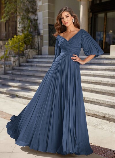 A-Line V-Neck 1/2 Sleeves Chiffon Mother Of The Bride Dresses With Pleated