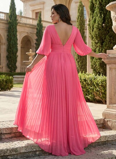 A-Line V-Neck 1/2 Sleeves Chiffon Mother Of The Bride Dresses With Pleated
