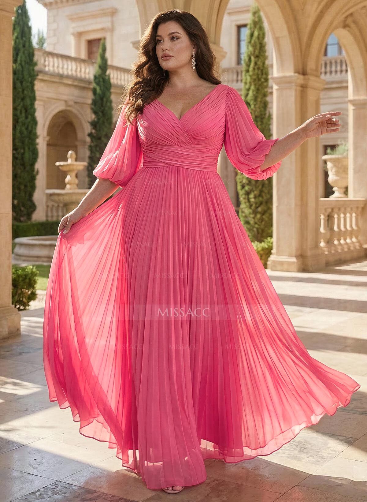 A-Line V-Neck 1/2 Sleeves Chiffon Mother Of The Bride Dresses With Pleated
