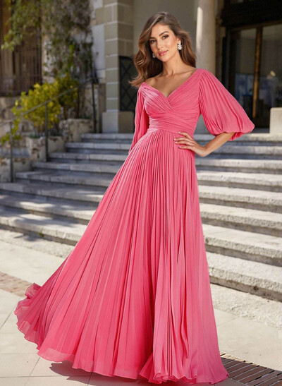 A-Line V-Neck 1/2 Sleeves Chiffon Mother Of The Bride Dresses With Pleated