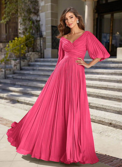 A-Line V-Neck 1/2 Sleeves Chiffon Mother Of The Bride Dresses With Pleated