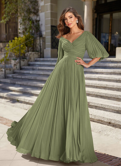 A-Line V-Neck 1/2 Sleeves Floor-Length Chiffon Evening Dresses With Pleated