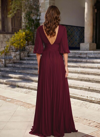 A-Line V-Neck 1/2 Sleeves Floor-Length Chiffon Evening Dresses With Pleated