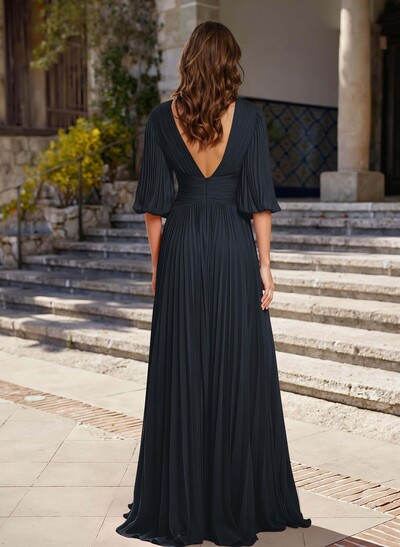 A-Line V-Neck 1/2 Sleeves Chiffon Mother Of The Bride Dresses With Pleated