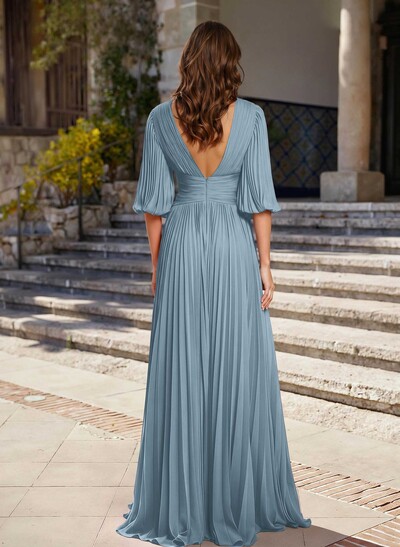 A-Line V-Neck 1/2 Sleeves Chiffon Mother Of The Bride Dresses With Pleated