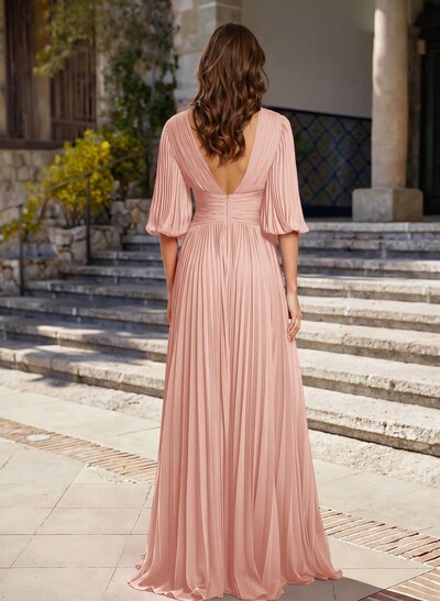 A-Line V-Neck 1/2 Sleeves Chiffon Mother Of The Bride Dresses With Pleated