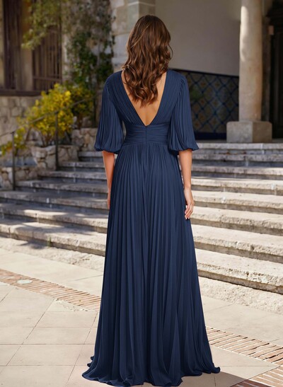 A-Line V-Neck 1/2 Sleeves Chiffon Mother Of The Bride Dresses With Pleated