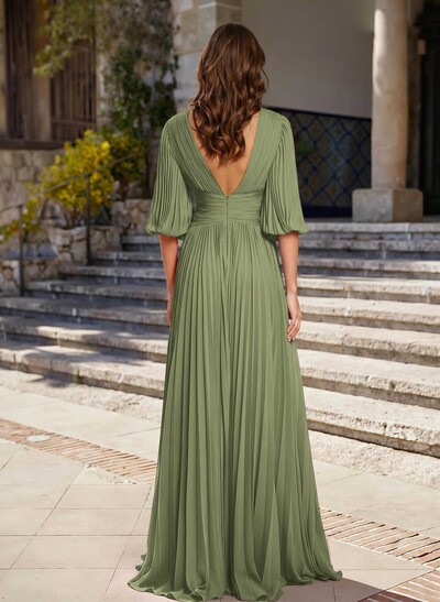 A-Line V-Neck 1/2 Sleeves Floor-Length Chiffon Evening Dresses With Pleated