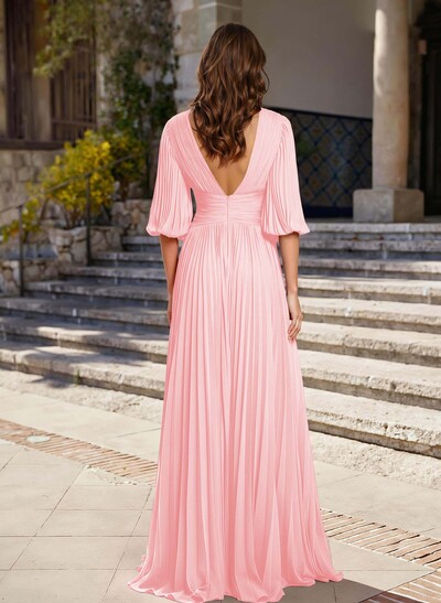 A-Line V-Neck 1/2 Sleeves Chiffon Mother Of The Bride Dresses With Pleated