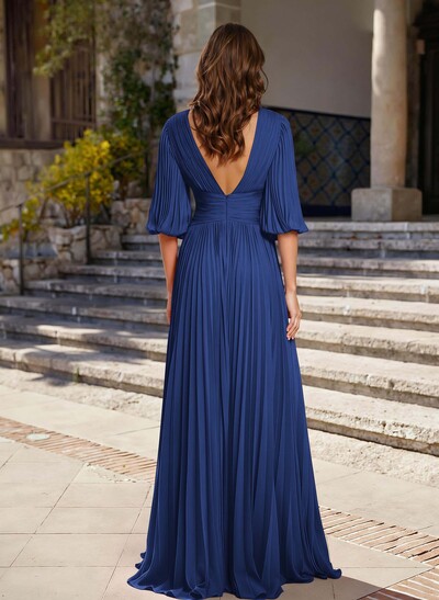 A-Line V-Neck 1/2 Sleeves Chiffon Mother Of The Bride Dresses With Pleated