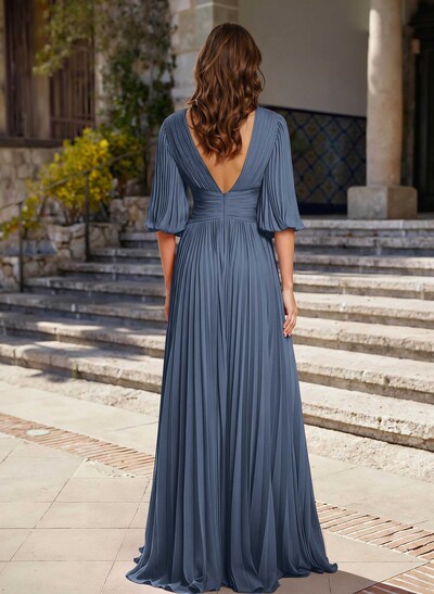 A-Line V-Neck 1/2 Sleeves Chiffon Mother Of The Bride Dresses With Pleated
