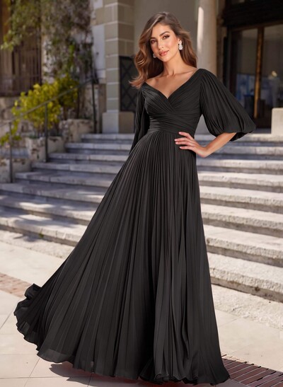 A-Line V-Neck Half Sleeve Chiffon Mother of the Bride Dress with Pleats