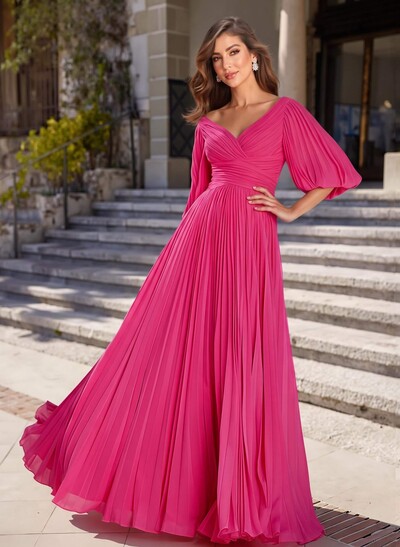 A-Line V-Neck 1/2 Sleeves Chiffon Mother Of The Bride Dresses With Pleated