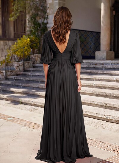 A-Line V-Neck Half Sleeve Chiffon Mother of the Bride Dress with Pleats