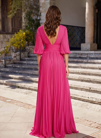 A-Line V-Neck 1/2 Sleeves Chiffon Mother Of The Bride Dresses With Pleated