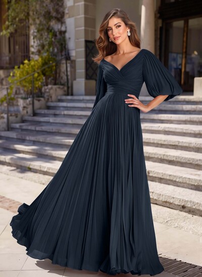 A-Line V-Neck Half Sleeve Chiffon Mother of the Bride Dress with Pleats