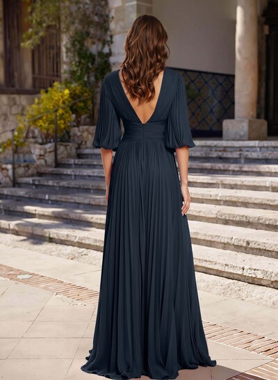A-Line V-Neck Half Sleeve Chiffon Mother of the Bride Dress with Pleats