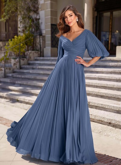 A-Line V-Neck 1/2 Sleeves Chiffon Mother Of The Bride Dresses With Pleated