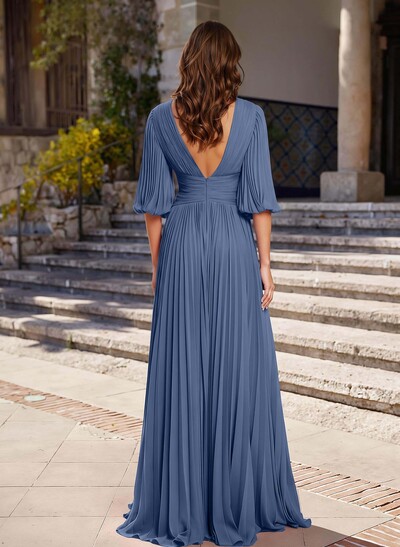A-Line V-Neck 1/2 Sleeves Chiffon Mother Of The Bride Dresses With Pleated