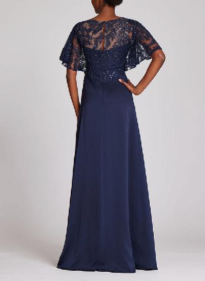 A-Line Illusion Neck 1/2 Sleeves Lace/Satin Mother Of The Bride Dresses With Split Front