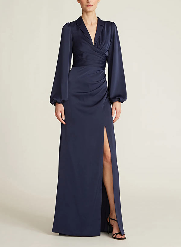 A-Line V-Neck Long Sleeves Floor-Length Charmeuse Mother Of The Bride Dresses With Split Front