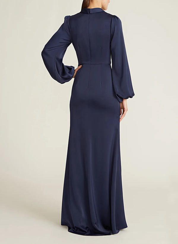 A-Line V-Neck Long Sleeves Floor-Length Charmeuse Evening Dresses With Split Front