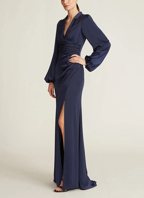 A-Line V-Neck Long Sleeves Floor-Length Charmeuse Mother Of The Bride Dresses With Split Front