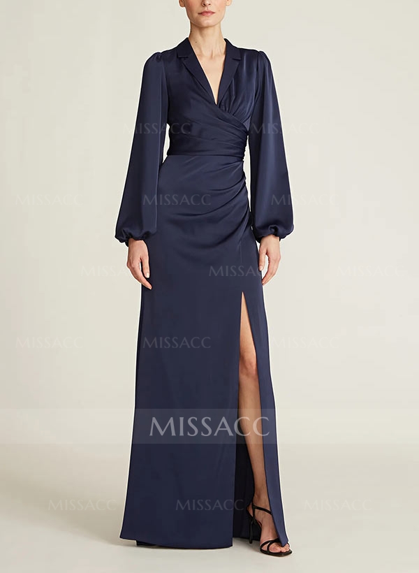 A-Line V-Neck Long Sleeves Floor-Length Charmeuse Mother Of The Bride Dresses With Split Front