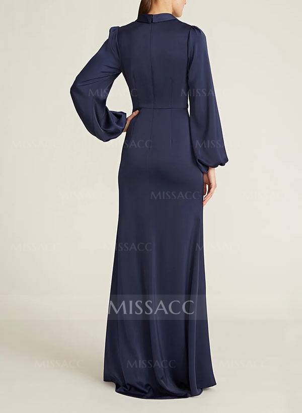 A-Line V-Neck Long Sleeves Floor-Length Charmeuse Mother Of The Bride Dresses With Split Front