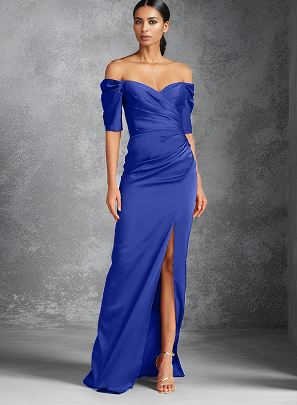 Sheath Off-The-Shoulder Short Sleeves Floor-Length Charmeuse Mother Of The Bride Dresses With Split Front