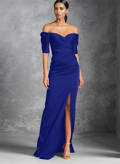 Sheath Off-The-Shoulder Short Sleeves Floor-Length Charmeuse Mother Of The Bride Dresses With Split Front