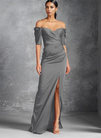 Sheath Off-The-Shoulder Short Sleeves Floor-Length Charmeuse Mother Of The Bride Dresses With Split Front