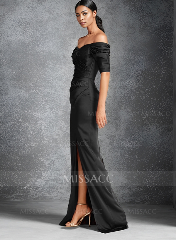 Sheath Off-The-Shoulder Short Sleeves Floor-Length Charmeuse Mother Of The Bride Dresses With Split Front