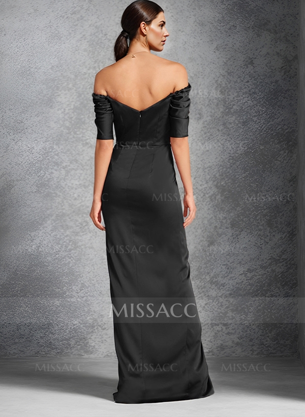 Sheath Off-The-Shoulder Short Sleeves Floor-Length Charmeuse Mother Of The Bride Dresses With Split Front