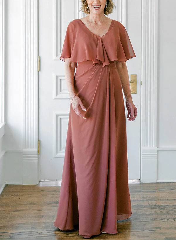 A-Line V-Neck Short Sleeves Floor-Length Chiffon Mother Of The Bride Dresses With Ruffle