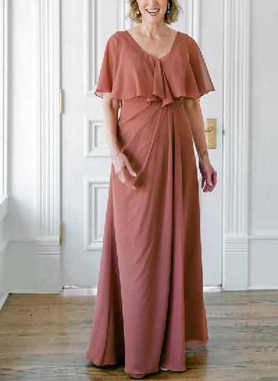 A-Line V-Neck Short Sleeves Floor-Length Chiffon Mother Of The Bride Dresses With Ruffle