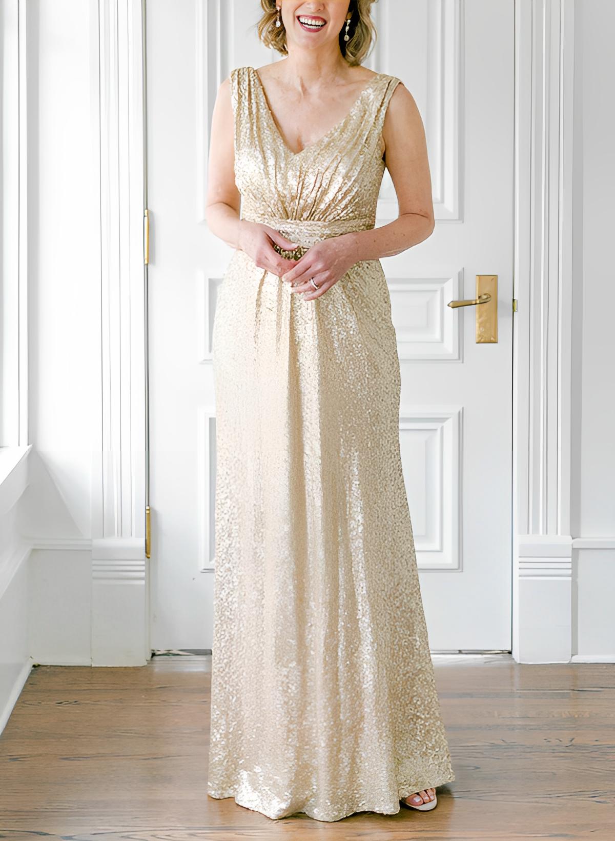 A-Line V-Neck Sleeveless Floor-Length Sequined Mother Of The Bride Dresses With Sequins