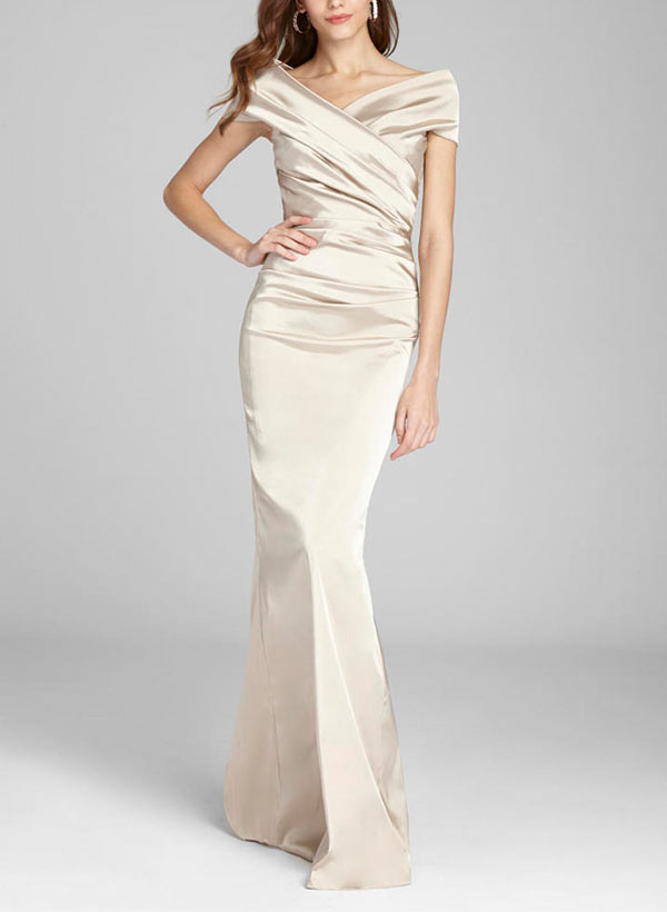 Sheath Off-The-Shoulder Sleeveless Floor-Length Satin Mother Of The Bride Dresses With Pleated