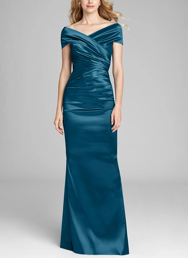 Sheath Off-The-Shoulder Sleeveless Floor-Length Satin Mother Of The Bride Dresses With Pleated