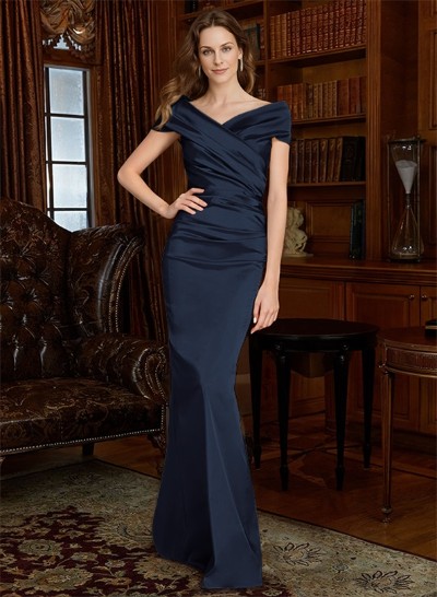 Sheath Off-The-Shoulder Silk Like Satin Mother Of The Bride Dresses With Pleated