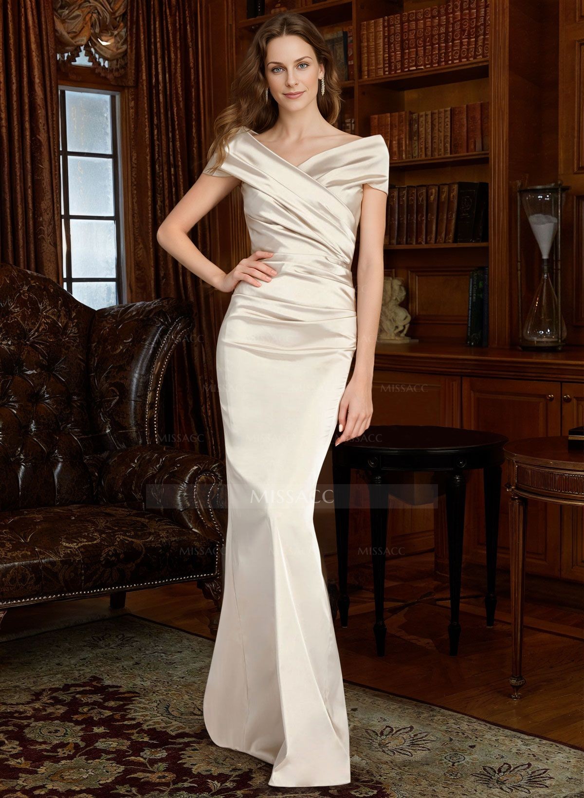 Sheath Off-The-Shoulder Silk Like Satin Mother Of The Bride Dresses With Pleated