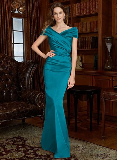 Sheath Off-The-Shoulder Silk Like Satin Mother Of The Bride Dresses With Pleated