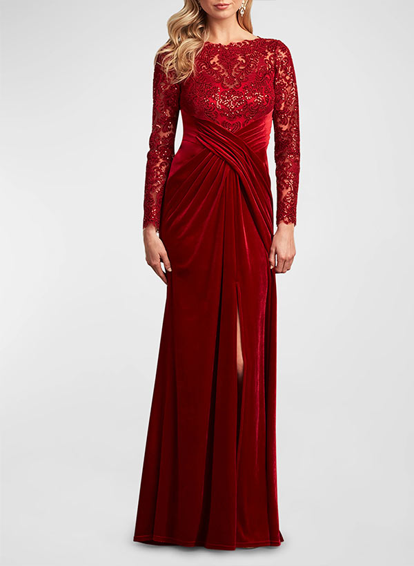 A-Line Scoop Neck Long Sleeves Floor-Length Lace/Velvet Mother Of The Bride Dresses With Split Front