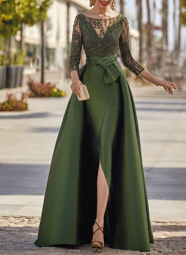 A Line Shirt Collar Half Sleeve Long Mother of the Bride Dresses with Jacquard