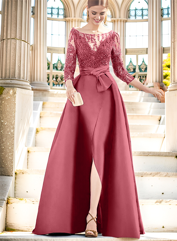 A-Line Illusion Neck 3/4 Sleeves Floor-Length Satin Mother Of The Bride Dresses With Split Front