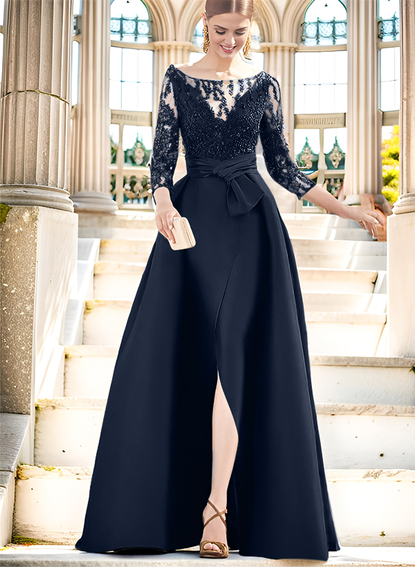 A-Line Illusion Neck 3/4 Sleeves Floor-Length Satin Mother Of The Bride Dresses With Split Front