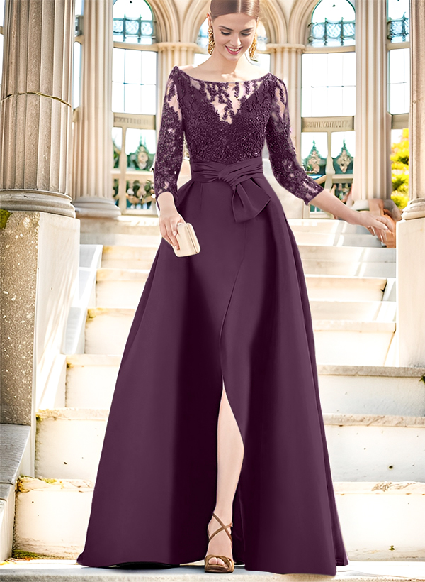 A-Line Illusion Neck 3/4 Sleeves Floor-Length Satin Mother Of The Bride Dresses With Split Front