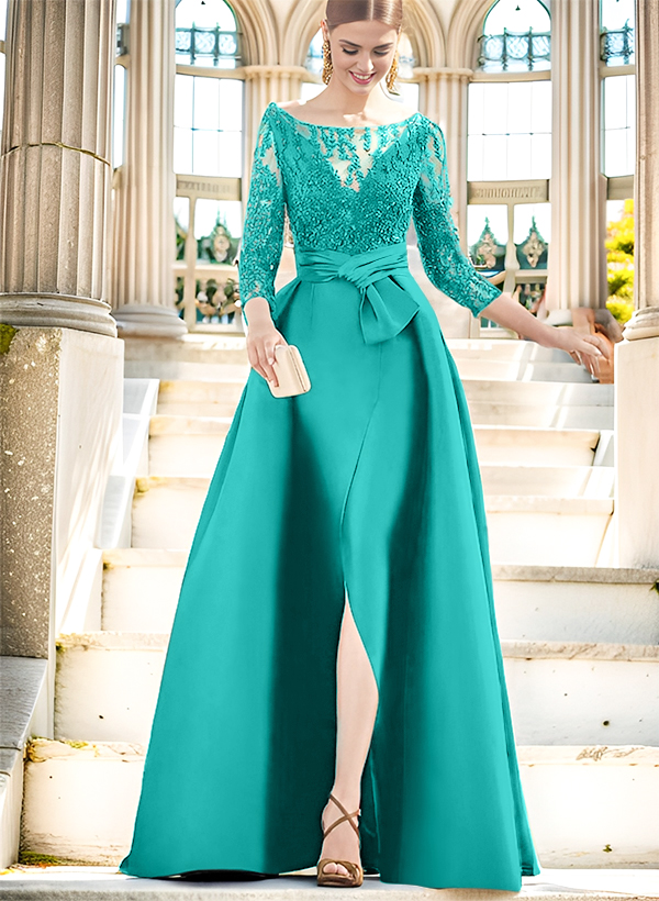 A-Line Illusion Neck 3/4 Sleeves Floor-Length Satin Mother Of The Bride Dresses With Split Front